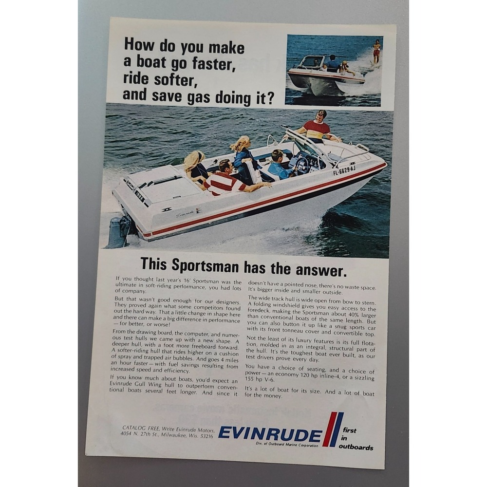 1969 EVINRUDE SPORTSMAN OUTBOARD MOTOR BOATING‎ Original Vintage Print Ad